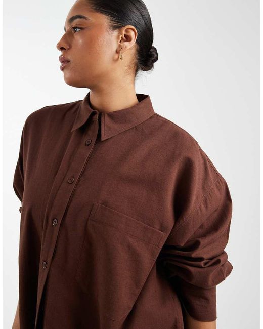 ASOS Brown Asos Design Curve Oversized Shirt With Linen