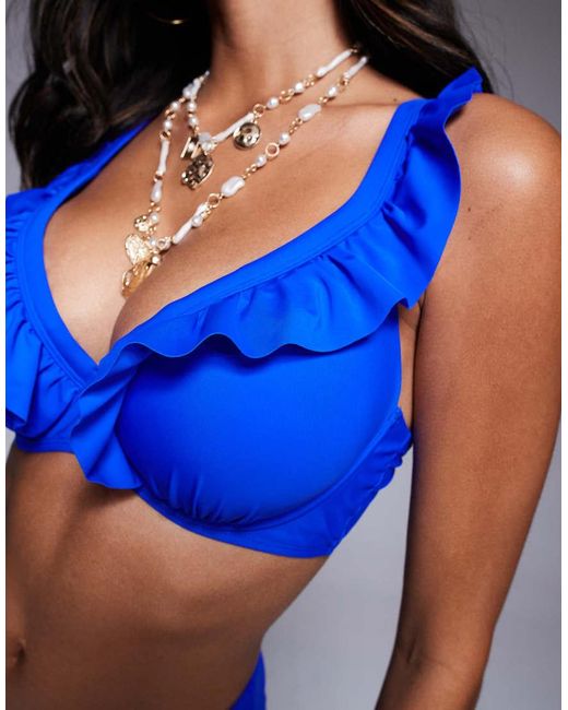 Ivory Rose Blue Fuller Bust Moulded Underwired Bikini Top With Frill Front