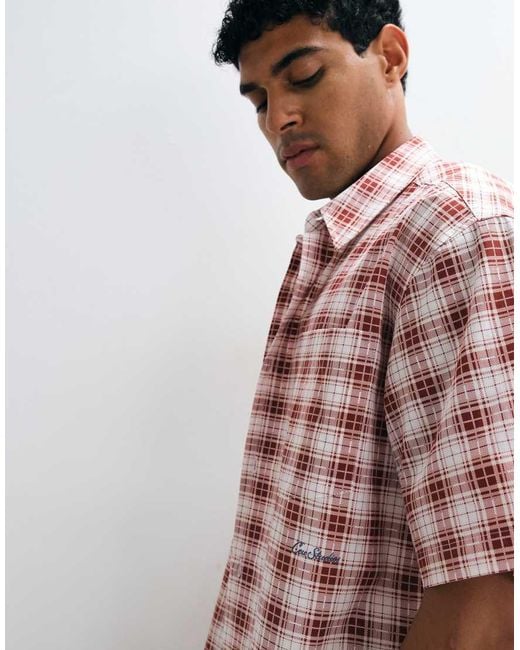 ASOS Red Boxy Oversized Micro Check Shirt With Chest Print for men