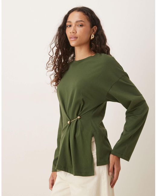 ASOS Green Oversized Long Sleeve Top With Cinched Waist Hardware Detail