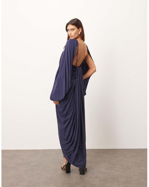 ARRANGE Blue Drape Midi Dress With Balloon Sleeve And Hardware Detail