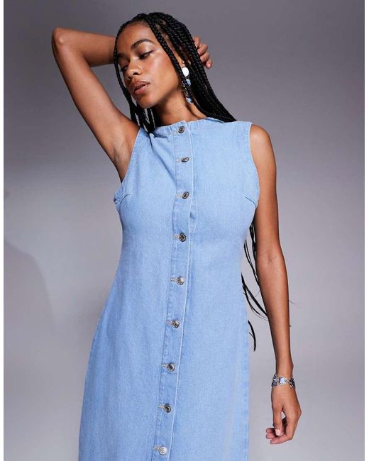 ASOS Blue Round Neck Denim Maxi Dress With Button Front Opening