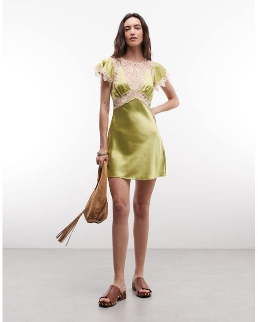 Reclaimed Vintage Green Satin Mini Tea Dress With Contrast Lace Inserts