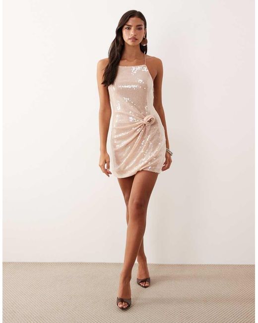 ASOS Natural Sequin Mini Dress With Corsage Detail