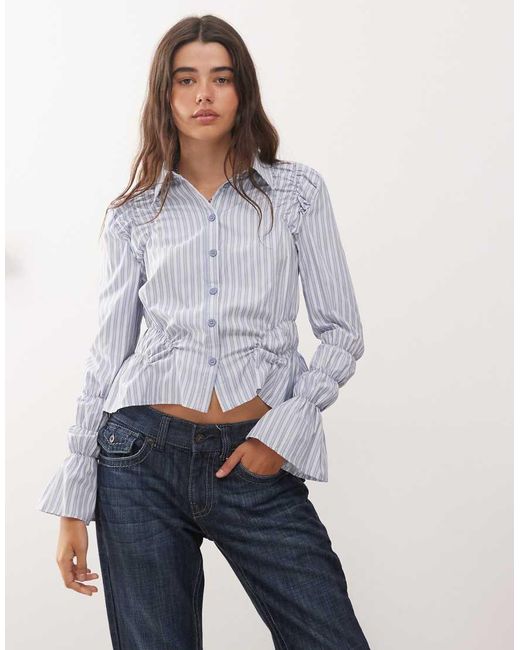 Lioness Blue Manor Shirred Sleeve Detail Button Front Cropped Shirt