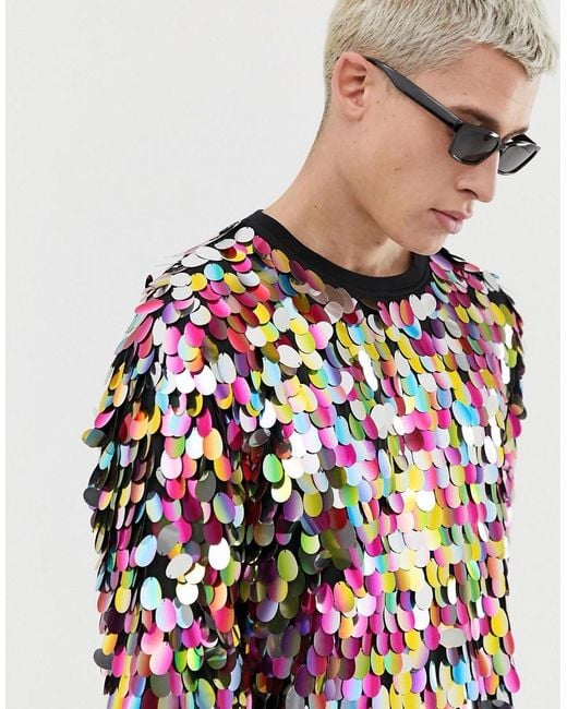 ASOS – Festival-T-Shirt mit großen, bunten Pailletten in Multicolor für Herren