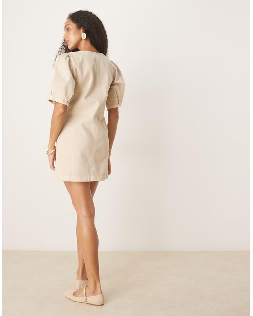 ASOS Natural Denim Button Through Mini Dress With Puff Sleeves