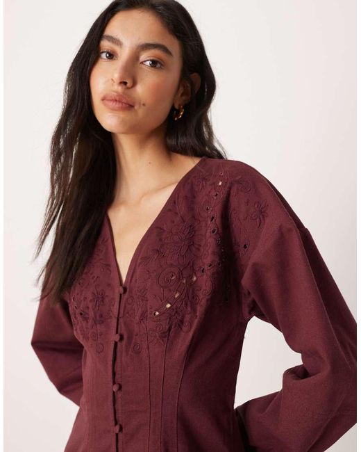 ASOS Red Long Sleeved Cutwork Button Down Mini Dress