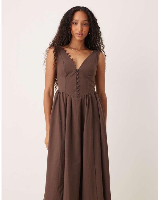 ASOS Natural V Neck Button Through Maxi Dress With Dropped Waist