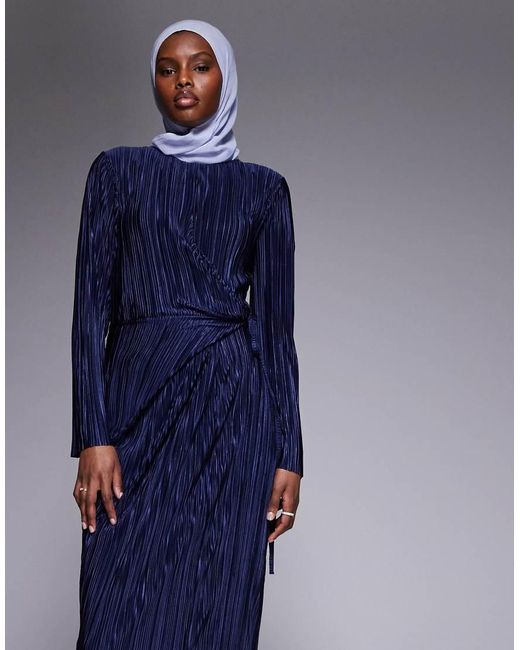 ASOS Blue Plisse Long Sleeve Wrap Tie Waist Maxi Dress