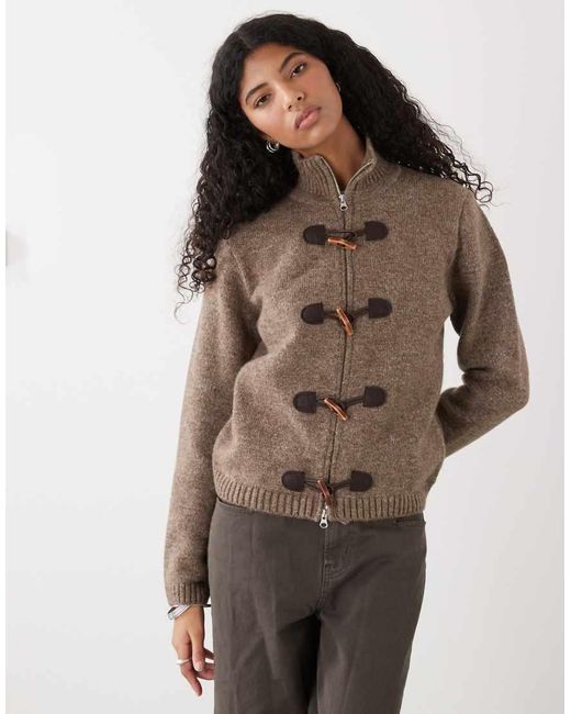 Reclaimed Vintage Brown Knit Zip Up With High Neck And toggles