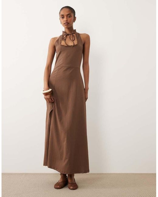 ASOS Brown Tie Detail Stand Collar Sleeveless Crepe Mini Dress
