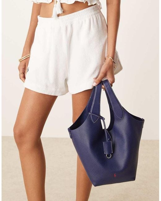 Polo Ralph Lauren Blue Play Pebble 100% Leather Medium Tote Bag