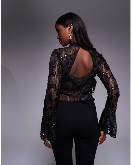 ASOS Black Delicate Lace Scatter Sequin Flare Sleeve Top With Cutout Back Detail