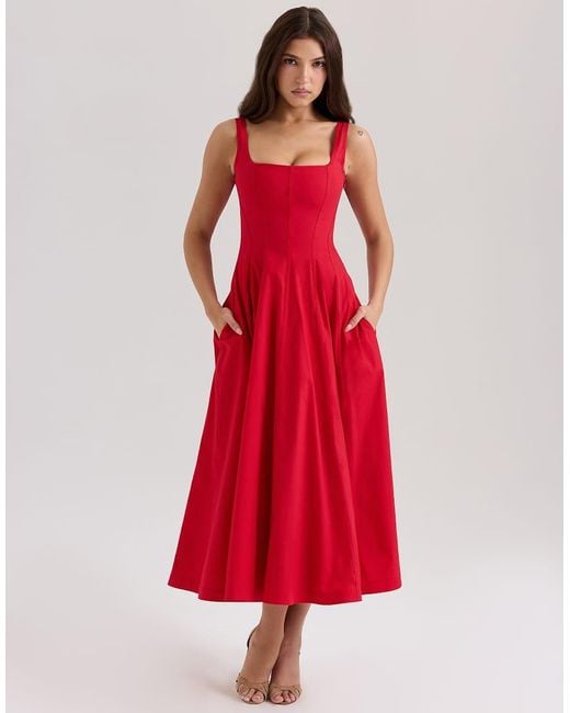 House Of Cb Red Mariabella Cotton Midi Sundress