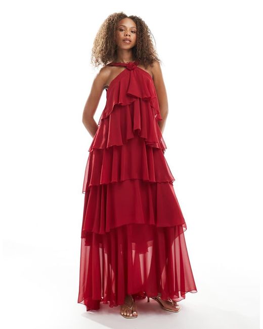 Vero Moda Red Felicia Halter Neck Tie Maxi Dress With Corsage Detail