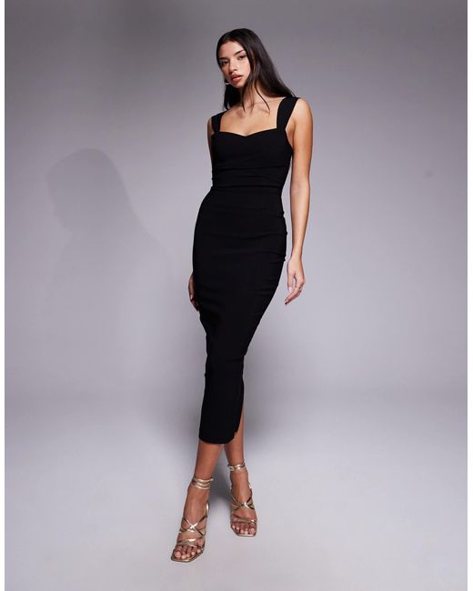 Vesper Bengaline Sweetheart Neckline Ruched Front Midaxi Dress in Black | Lyst Vesper Bengaline Sweetheart Neckline Ruched Front Midaxi Dress in Black | Lyst