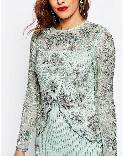 slim fit dress slacks Asos Edition Embellished Drape Side Cami Maxi Dress In Sage Green main image 1