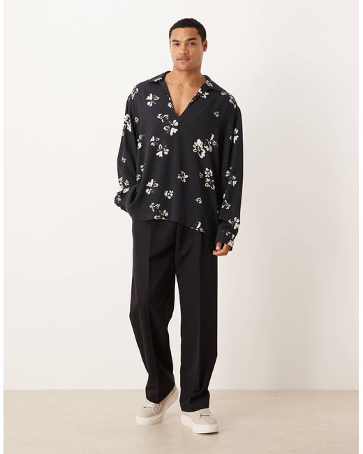 ASOS Black Relaxed Overhead Shirt With Floral Print for men