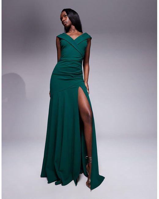 Goddiva Green Scuba Crepe Off Shoulder Front Split Maxi Dress