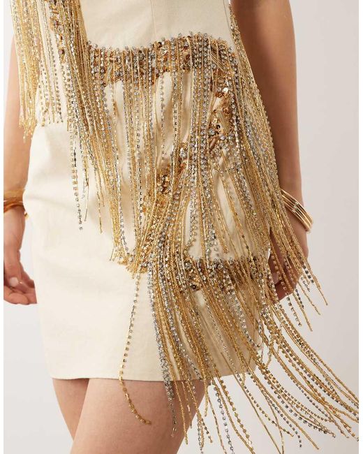ASOS Natural Curved Bandeau Mini Dress With Gold Tassel Embellished Fringe