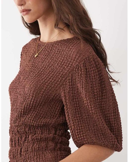 ASOS Brown Textured Cinch Waist Puff Sleeve Top