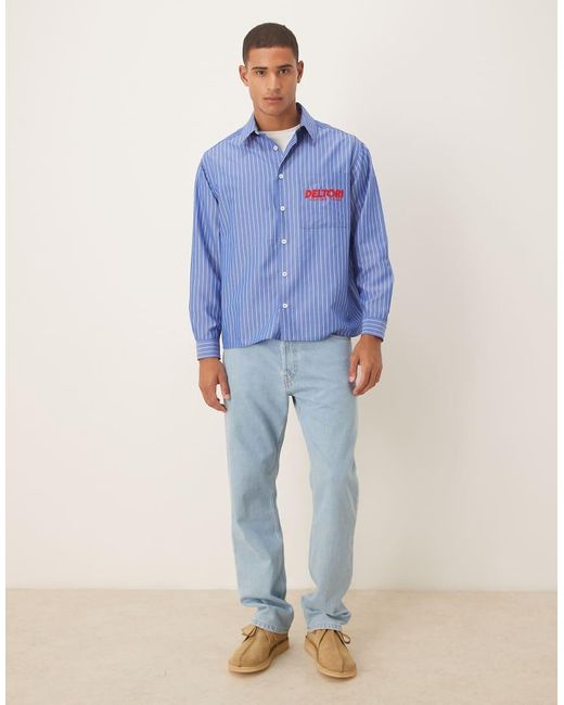 ASOS Oversized Gestreept Overhemd Van Katoenen Poplin Met Geborduurd Logo in het Blue voor heren