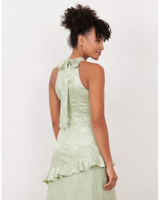 Maya Green Floral Jacquard Satin Halter Neck Maxi Dress