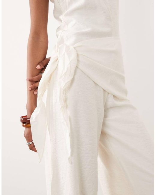 ASOS Natural Satin Crinkle Jumpsuit With Scarf Waist Detail