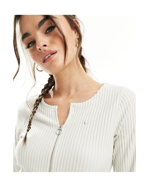 Nike White Ribbed Long Sleeve Zip Through Top