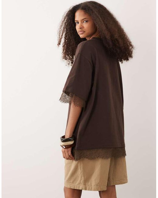 ASOS Brown Short Sleeve Oversized T-shirt With Lace