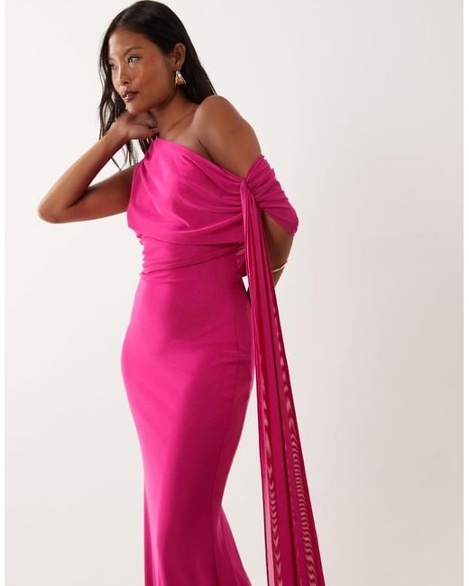 TFNC London Pink Mesh Draped One Shoulder Tie Detail Maxi Dress