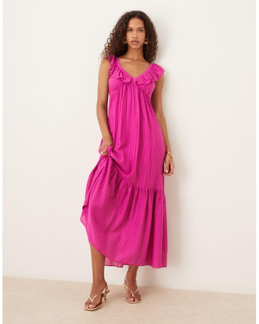 Mango Pink Cap Sleeve Ruffle Midi Dress