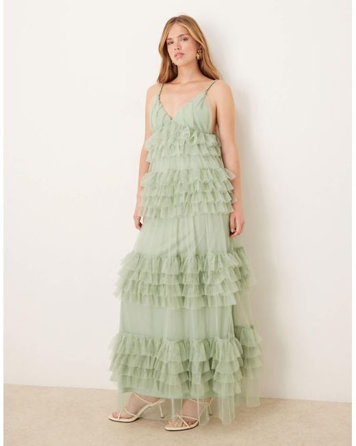 Y.A.S Green Statement Tiered Tulle Maxi Dress