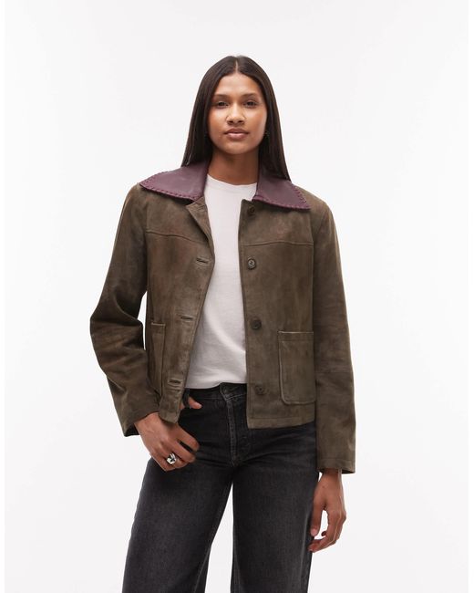 Veste coupe carrée en daim avec col contrastant - kaki Urbancode en coloris Brown