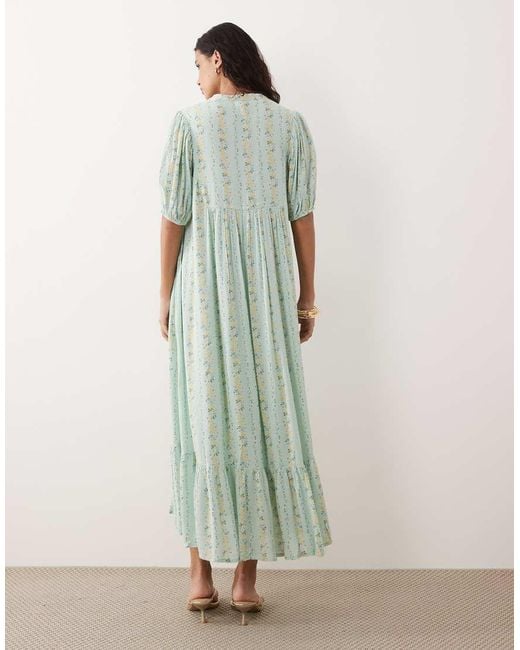 Y.A.S Green Festival Boho Style Puff Sleeve Maxi Dress With Button Front Detail