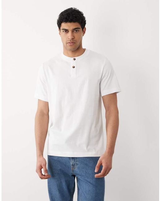 SELECTED White Heavyweight Short Sleeved Henley T-Shirt for men