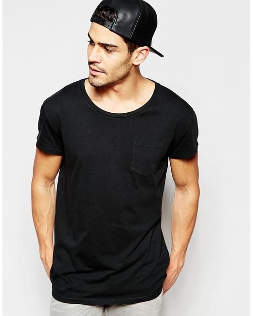 SELECTED Black Oversized Scoop Neck T-shirt for men