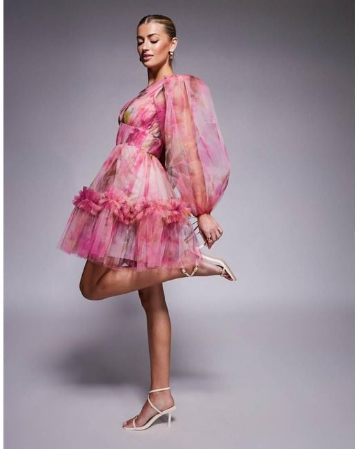 LACE & BEADS Pink Balloon Sleeve Organza Mini Dress