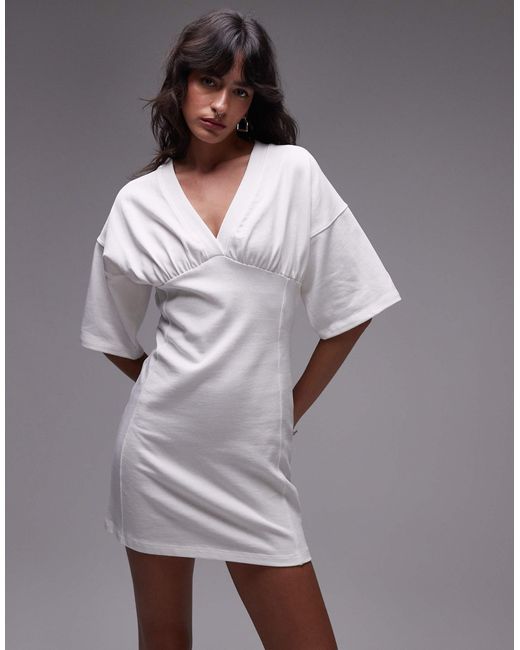 TOPSHOP Gray V-Neck Short Sleeve Structured Mini Dress