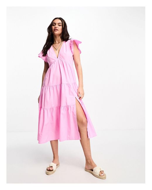 Vero Moda Frill Sleeve Midi Dress in Pink | Lyst Australia