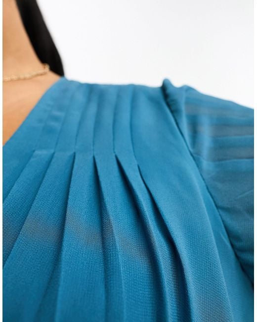 ASOS Blue Asos Design Curve Wrap Balloon Sleeve Midi Dress With Tie Waist Detail