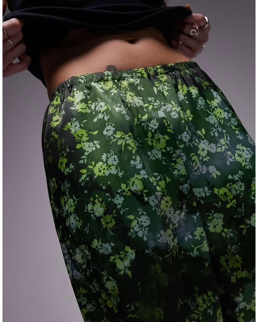 TOPSHOP Green Satin Print Wide Leg Pull On Pants