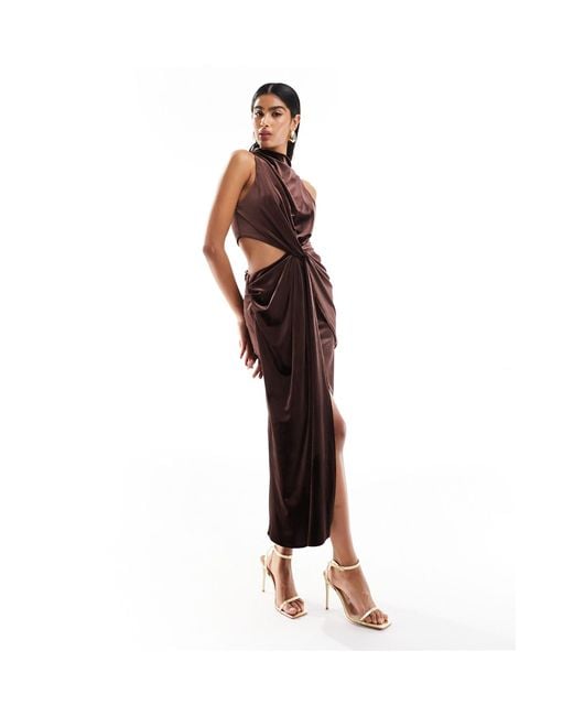 ASOS Brown Velvet High Neck Drape Minimal Cut Out Midi Dress