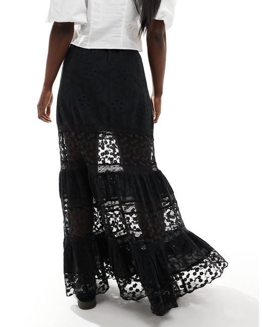 Miss Selfridge Black Broderie Lace Insert Tiered Prairie Maxi Skirt