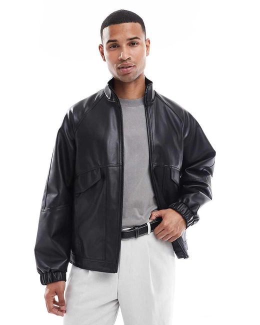 ASOS Blue Faux Leather Bomber Jacket With Funnel Neck for men
