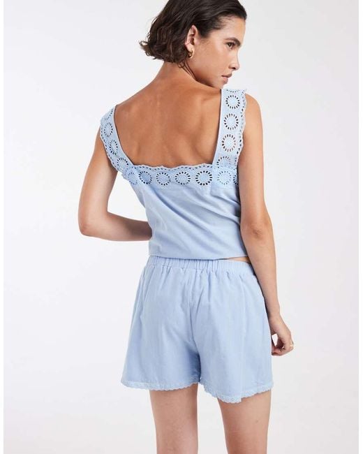 ASOS Blue Cotton Pull On Co-Ord Lace Trim Shorts