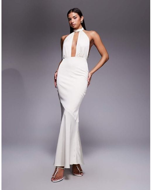 Oh Polly Blue Desiree Halter Neck Satin Maxi Dress