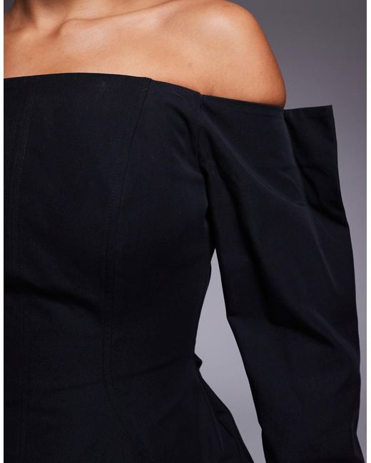 ASOS Blue – strukturiertes, langärmliges bardot-minikleid