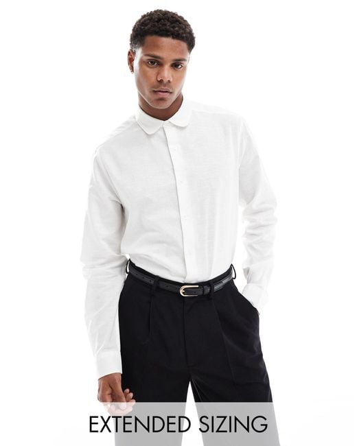 ASOS White Wedding Smart Linen Regular Fit Shirt With Penny Collar for men